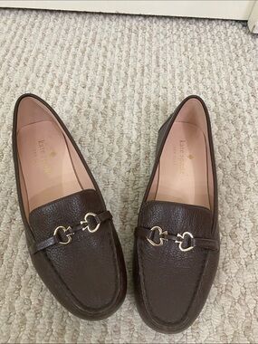 kate Spade Briana Brown Pebble Leather Loafers with Gold Horsebit